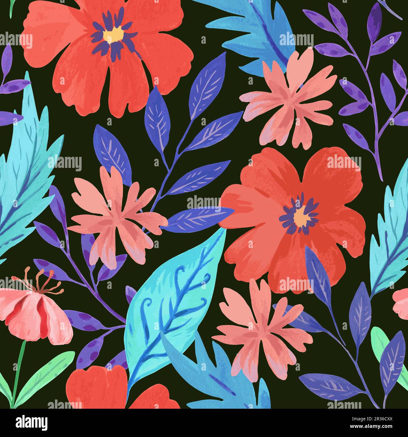 Motif sans couture avec fleurs rouges abstraites colorées et divers éléments botaniques aquarelle. Illustration vectorielle dessinée à la main. Illustration de Vecteur