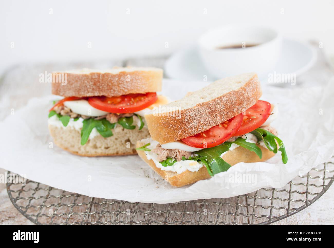 Sandwichs Ciabatta avec quark, thon, tomates, roquette et d'oeufs Banque D'Images