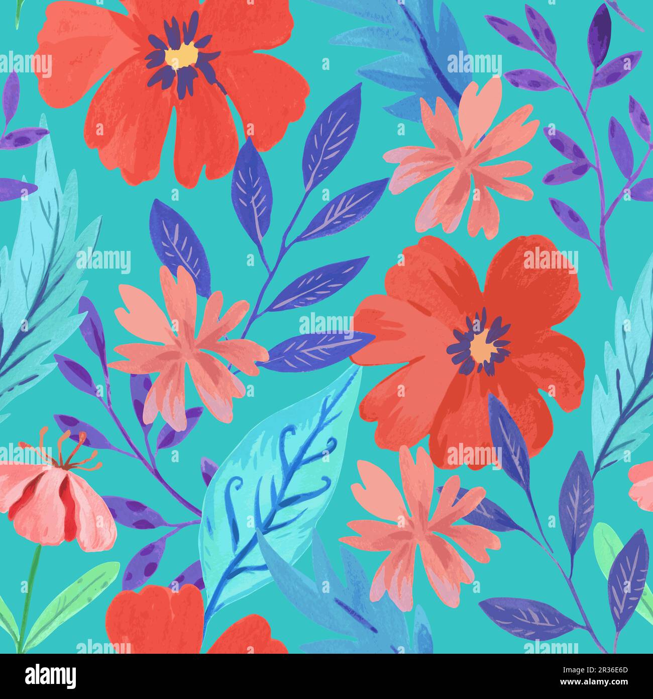 Motif sans couture avec fleurs rouges abstraites colorées et divers éléments botaniques aquarelle. Illustration vectorielle dessinée à la main. Illustration de Vecteur