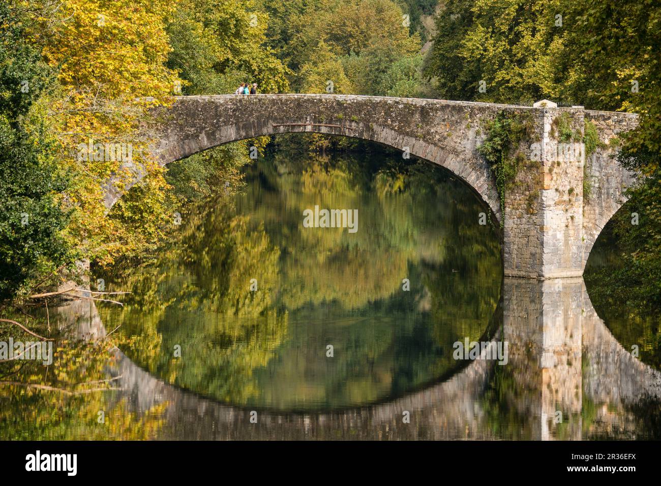 Puente de piedra sobre el rio Bidasoa, Vera de Bidasoa, comunidad foral de Navarra, Espagne. Banque D'Images