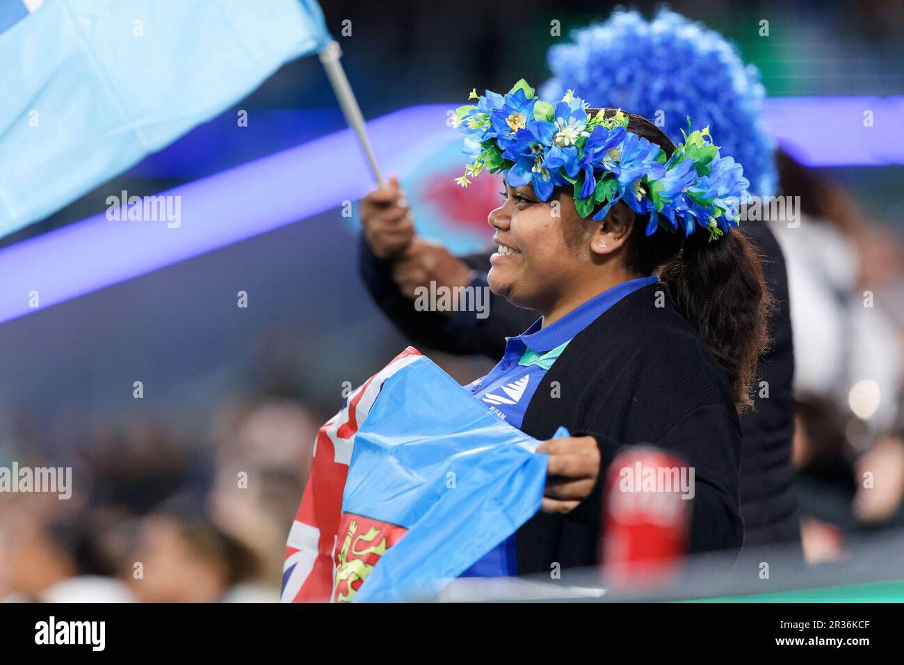 Les fans fidjiens montrent leur soutien lors du match international des femmes de rugby entre l'Australie et les Fidji au stade Allianz de 20 mai 2023 à Sydney, A Banque D'Images