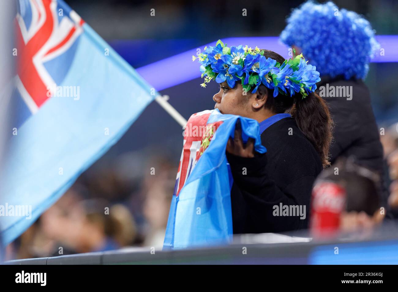 Les fans fidjiens montrent leur soutien lors du match international des femmes de rugby entre l'Australie et les Fidji au stade Allianz de 20 mai 2023 à Sydney, A Banque D'Images