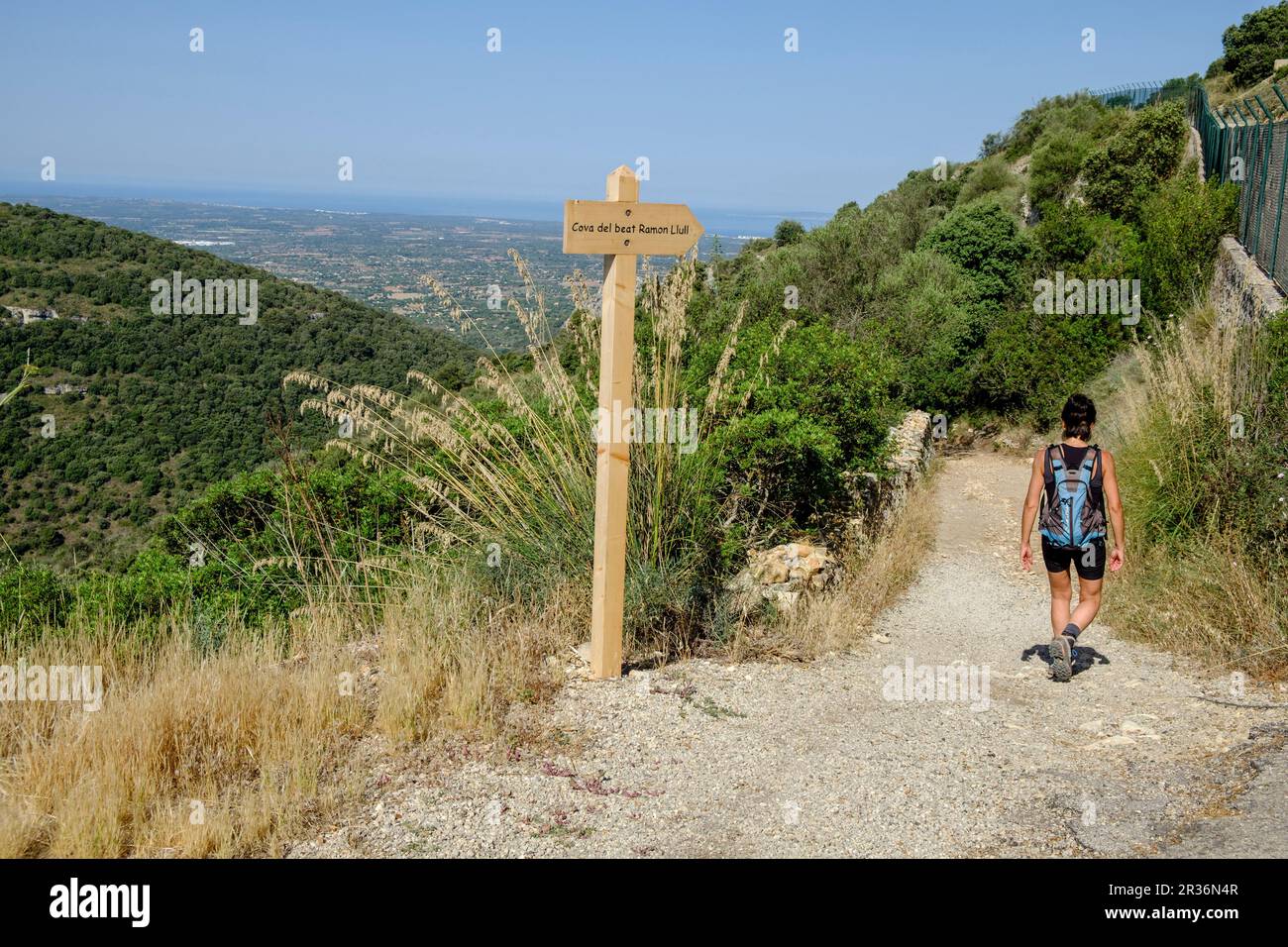 Femme randonnée dans le Puig de Cura, Algaida, Majorque, Iles Baléares, Espagne. Banque D'Images