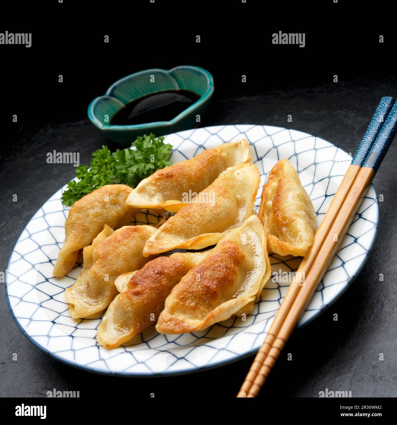 Potstickers (boulettes asiatiques frites) avec une sauce Banque D'Images