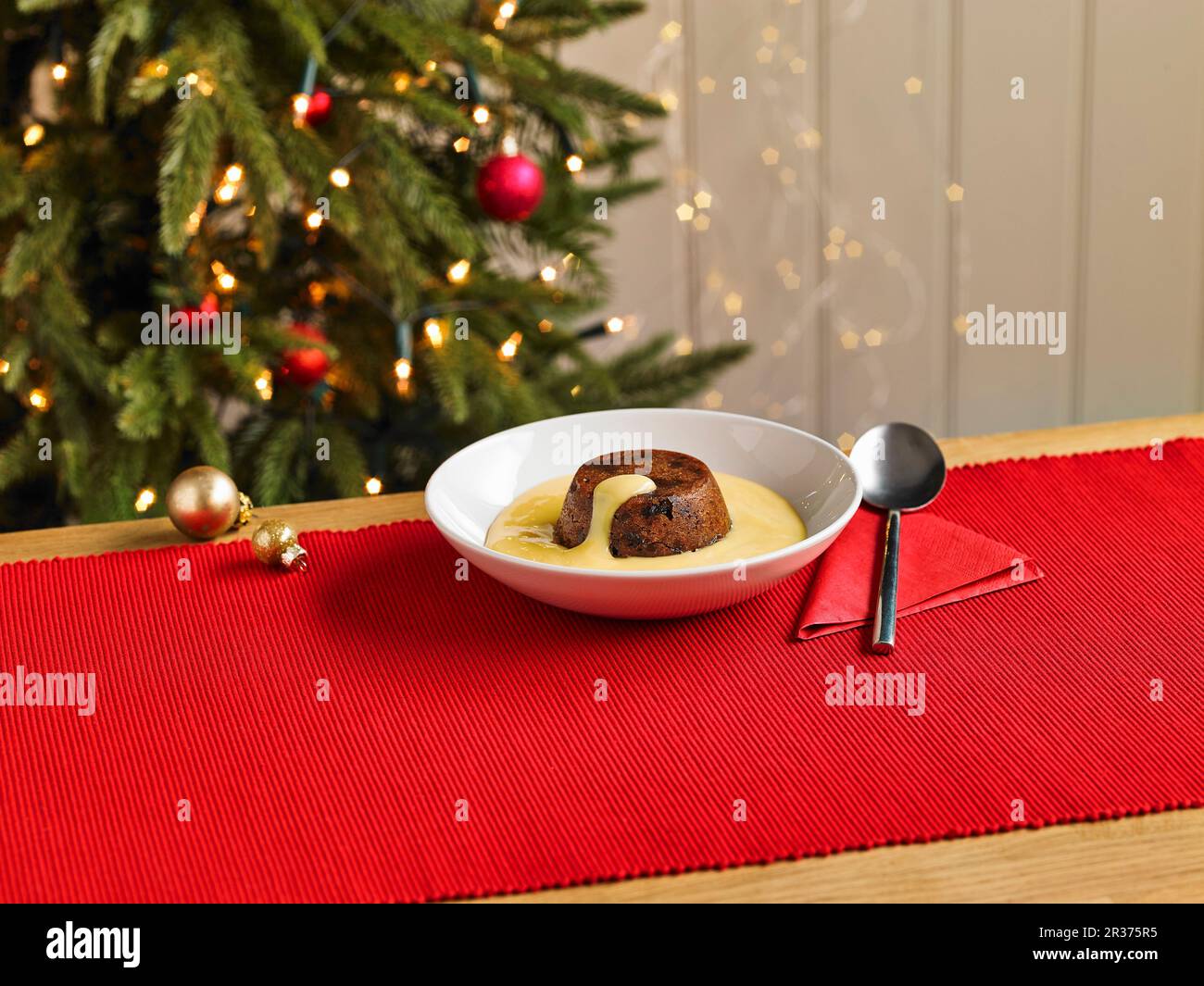 Pudding de Noël avec crème anglaise Banque D'Images