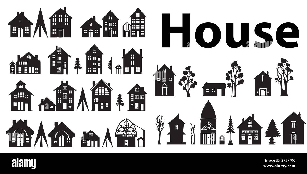 Un ensemble de motifs vectoriels de maisons silhouettes. Illustration de Vecteur