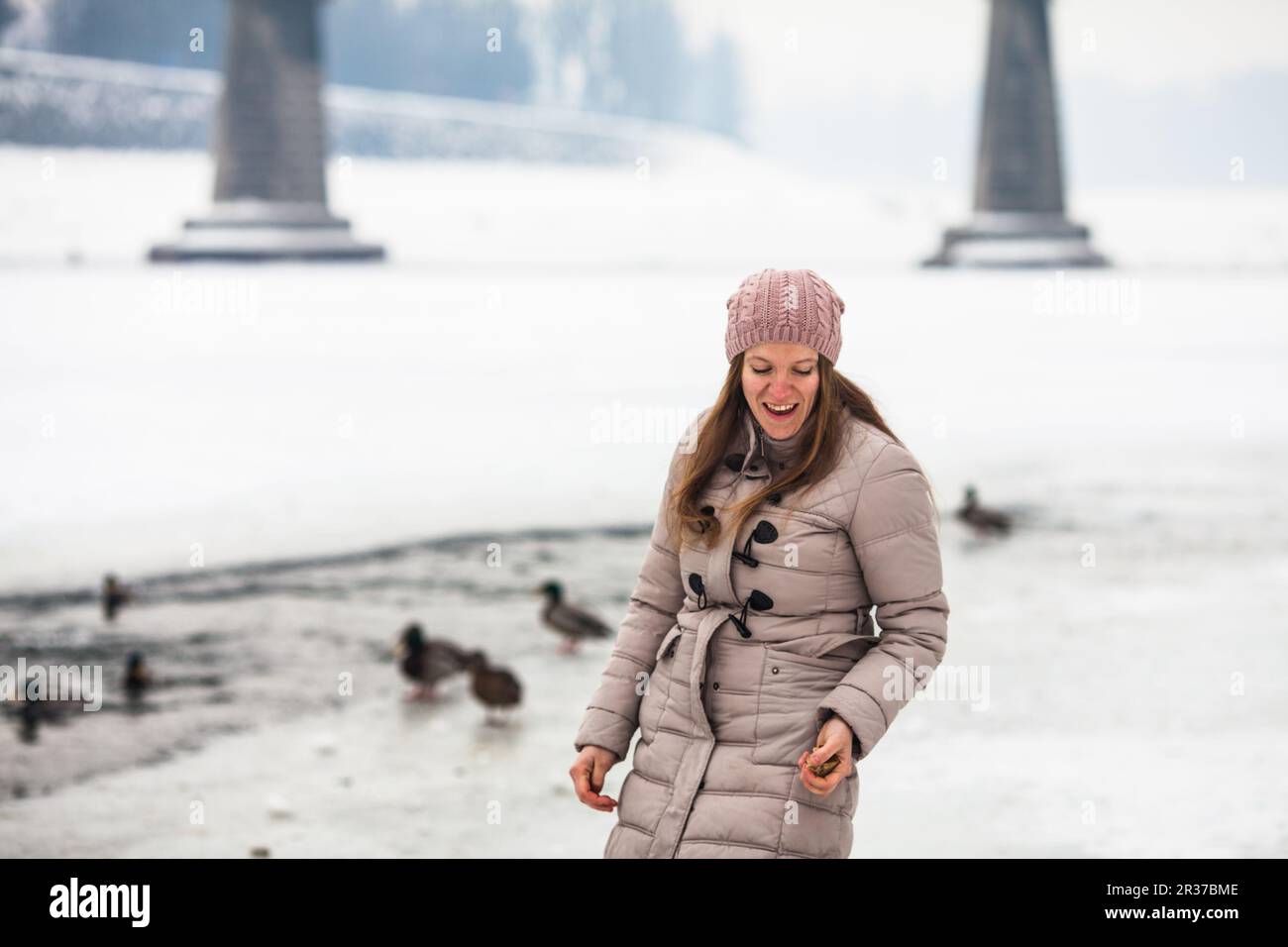 Chez les canards en hiver fille Banque D'Images