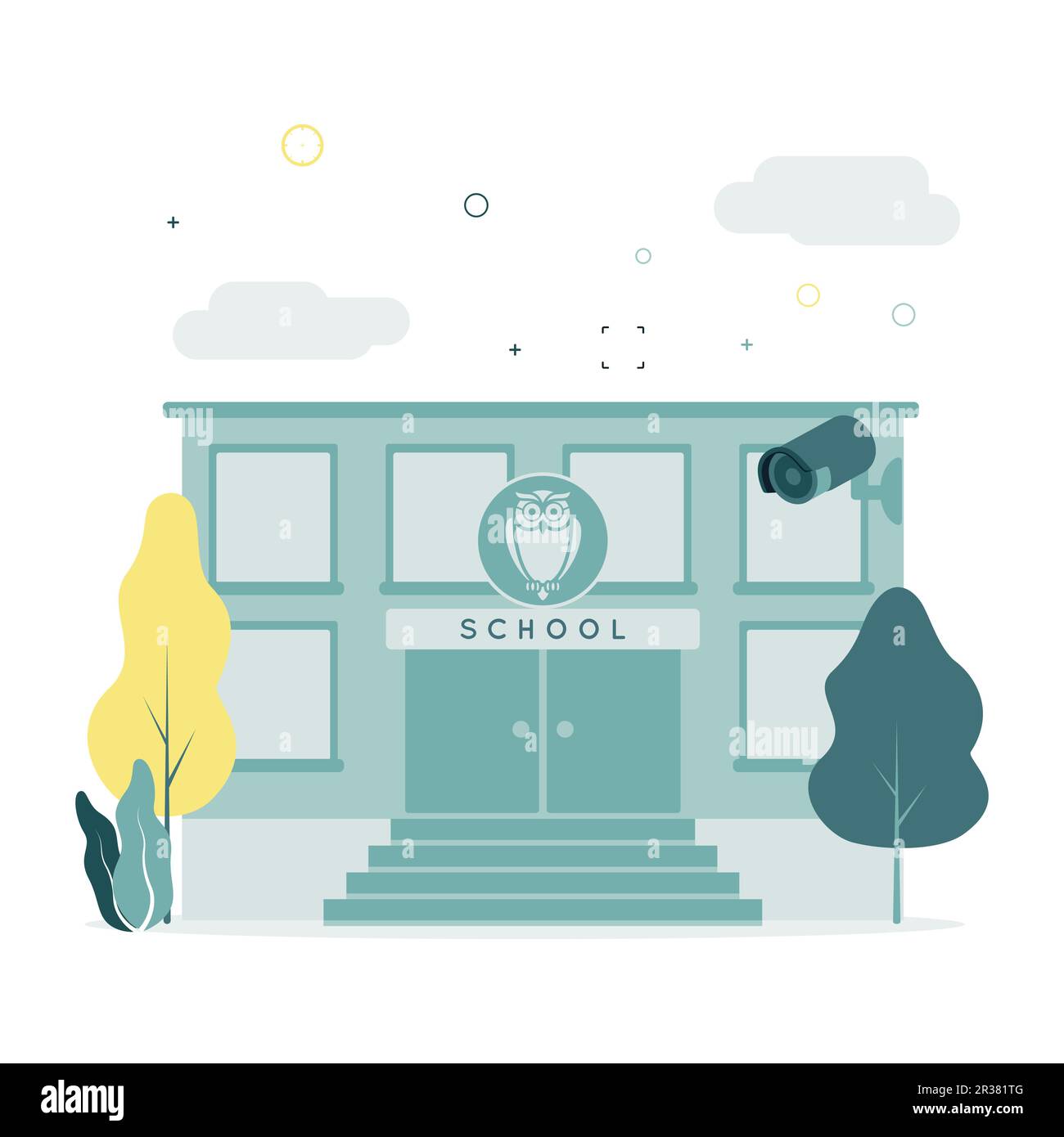 CCTV. L'illustration vectorielle d'une caméra de surveillance est le tournage de la cour d'école et du bâtiment de l'école, près des arbres, des plantes, sur un fond de nuages Illustration de Vecteur