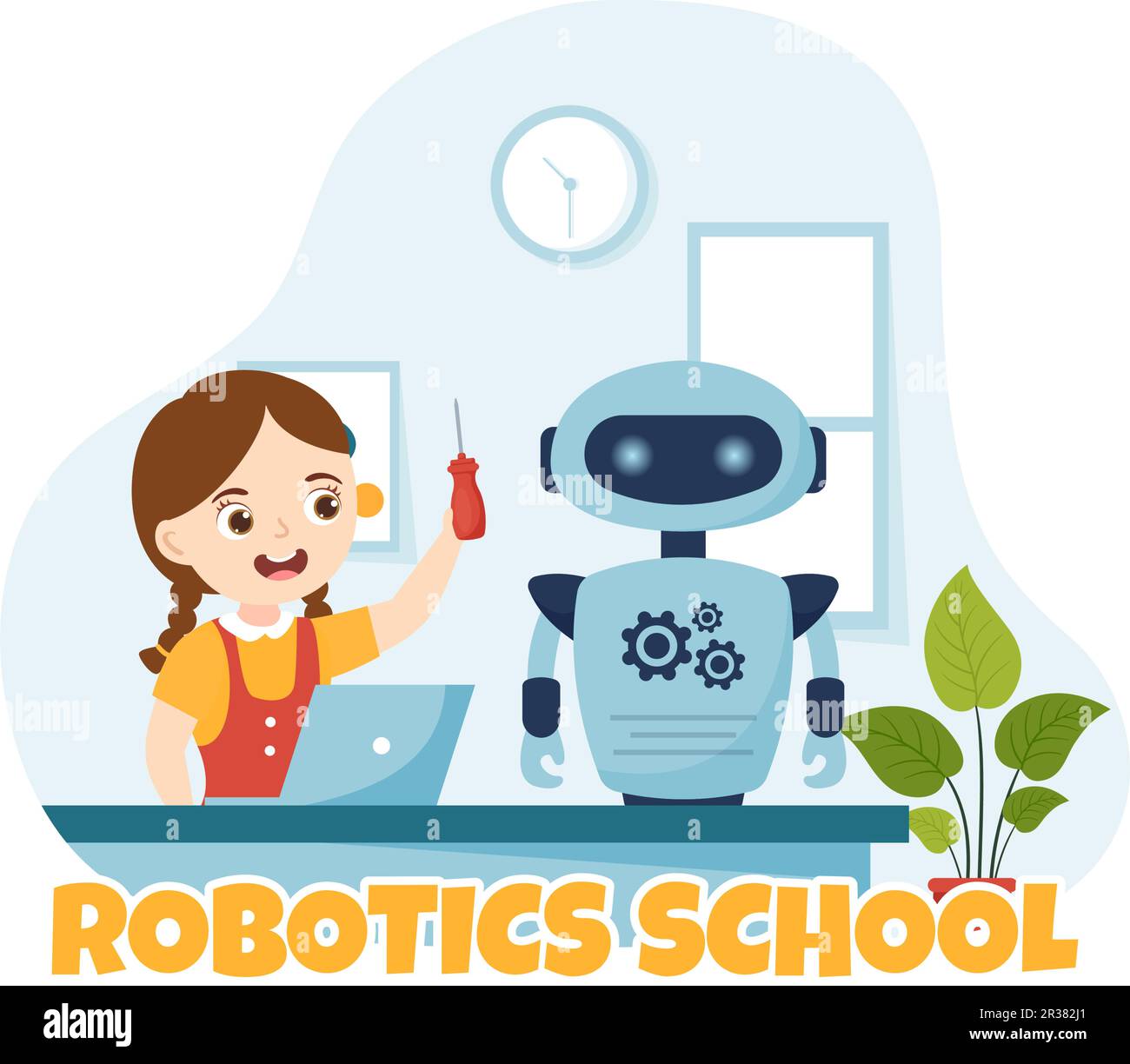 Robotics School Vector Illustration avec Kids Robotic Project à la programmation et à l'ingénierie robot en dessin à plat dessin à la main de dessins de page d'accueil Illustration de Vecteur