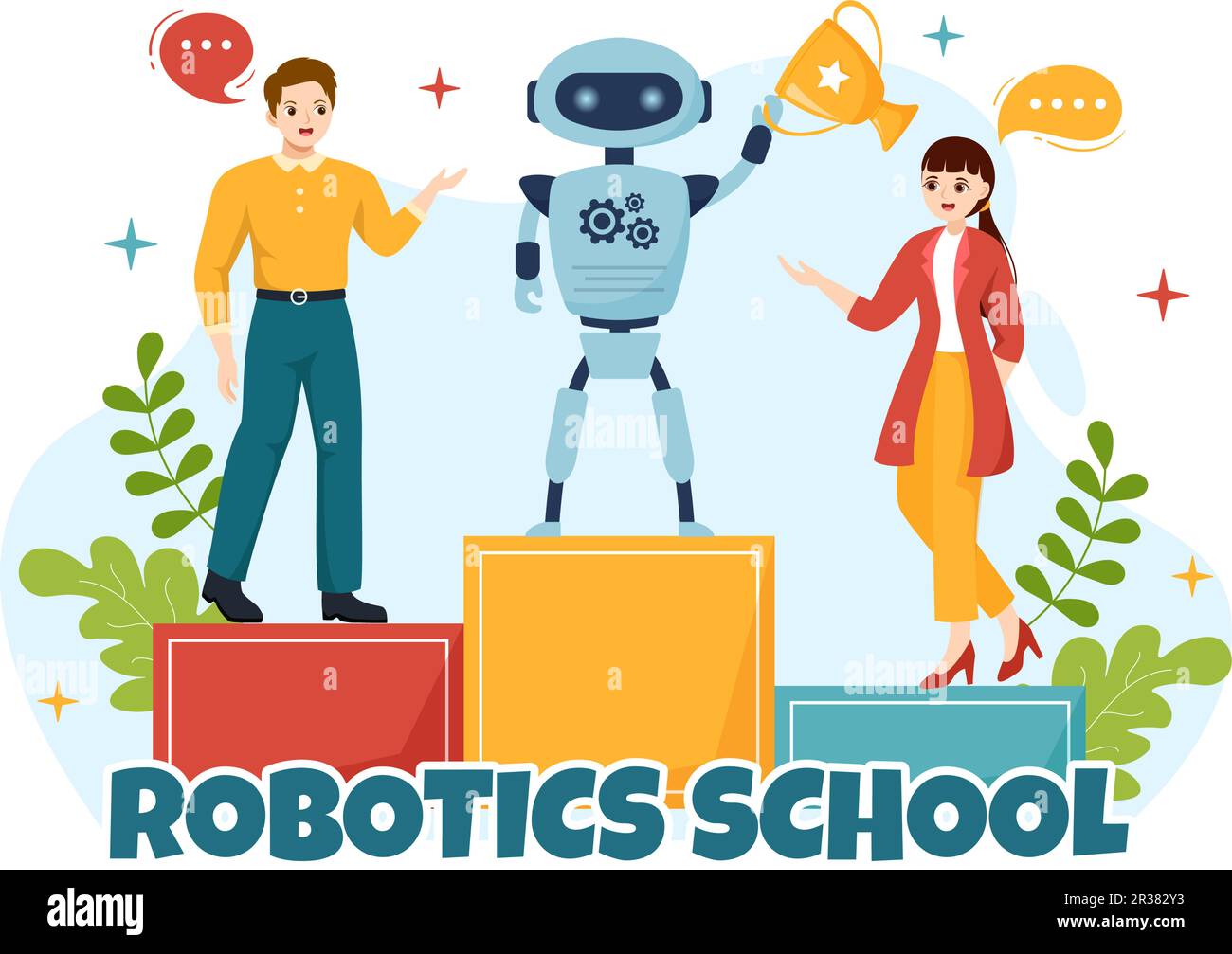 Robotics School Illustration vectorielle avec projet robotique jeunesse pour la programmation et l'ingénierie robot dans des modèles de page de renvoi dessinés à la main de dessin de dessin animé Illustration de Vecteur