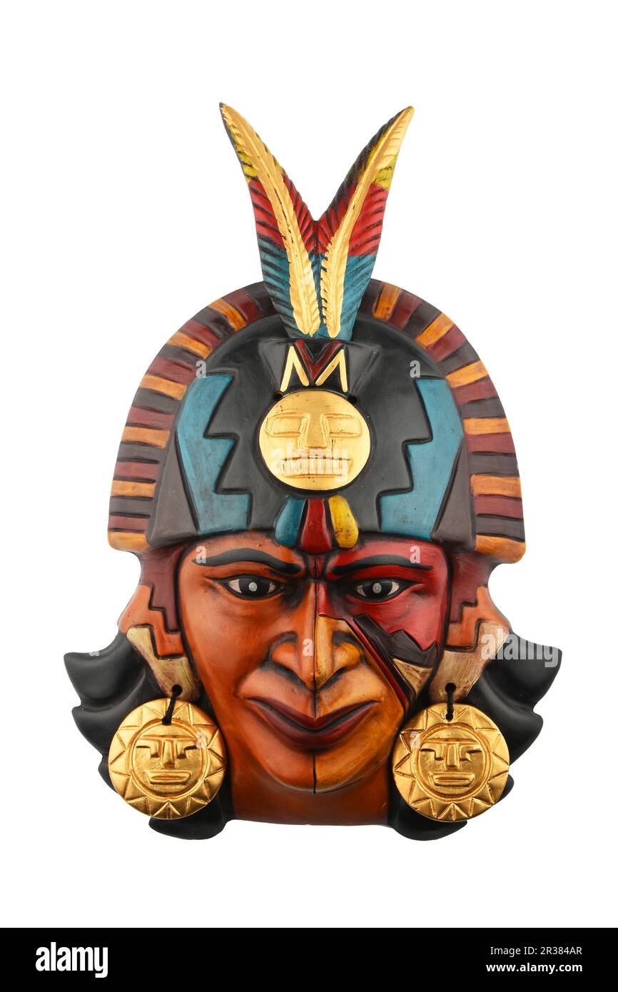 Masque en céramique aztèque indien maya isolé sur blanc Banque D'Images
