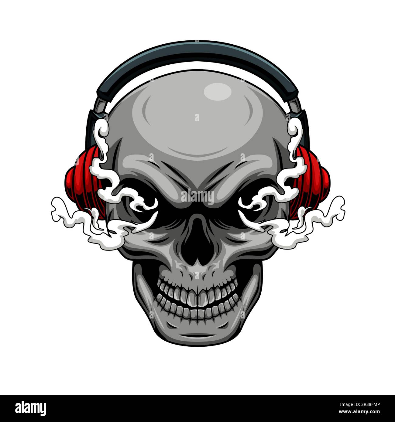 Illustration de l'amant de la musique personnage de mascotte de crâne humain portant des écouteurs avec de la fumée Illustration de Vecteur