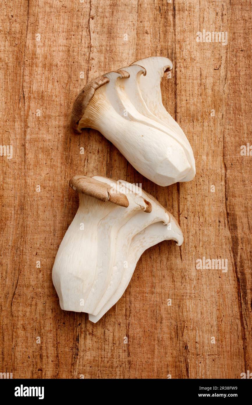 Champignons frais de la trompette de roi sur une surface en bois Banque D'Images