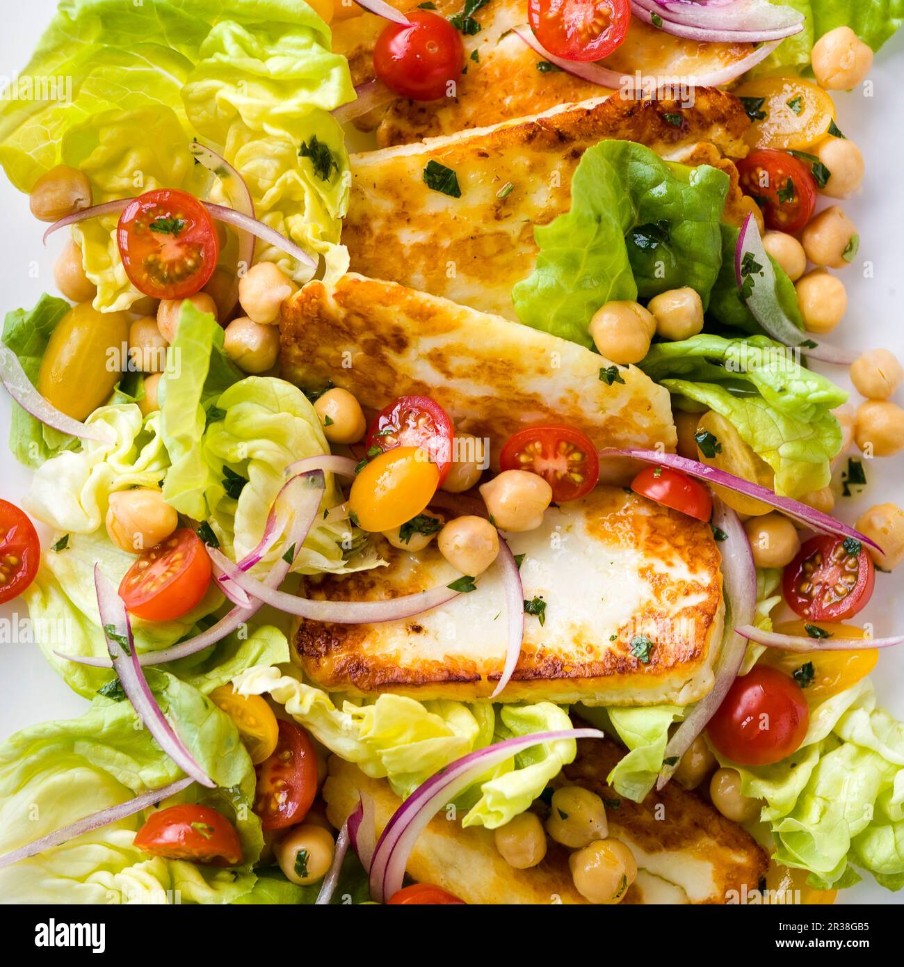 Fromage Halloumi poêlé avec tomates cerises, pois chiches et laitue Photo  Stock - Alamy