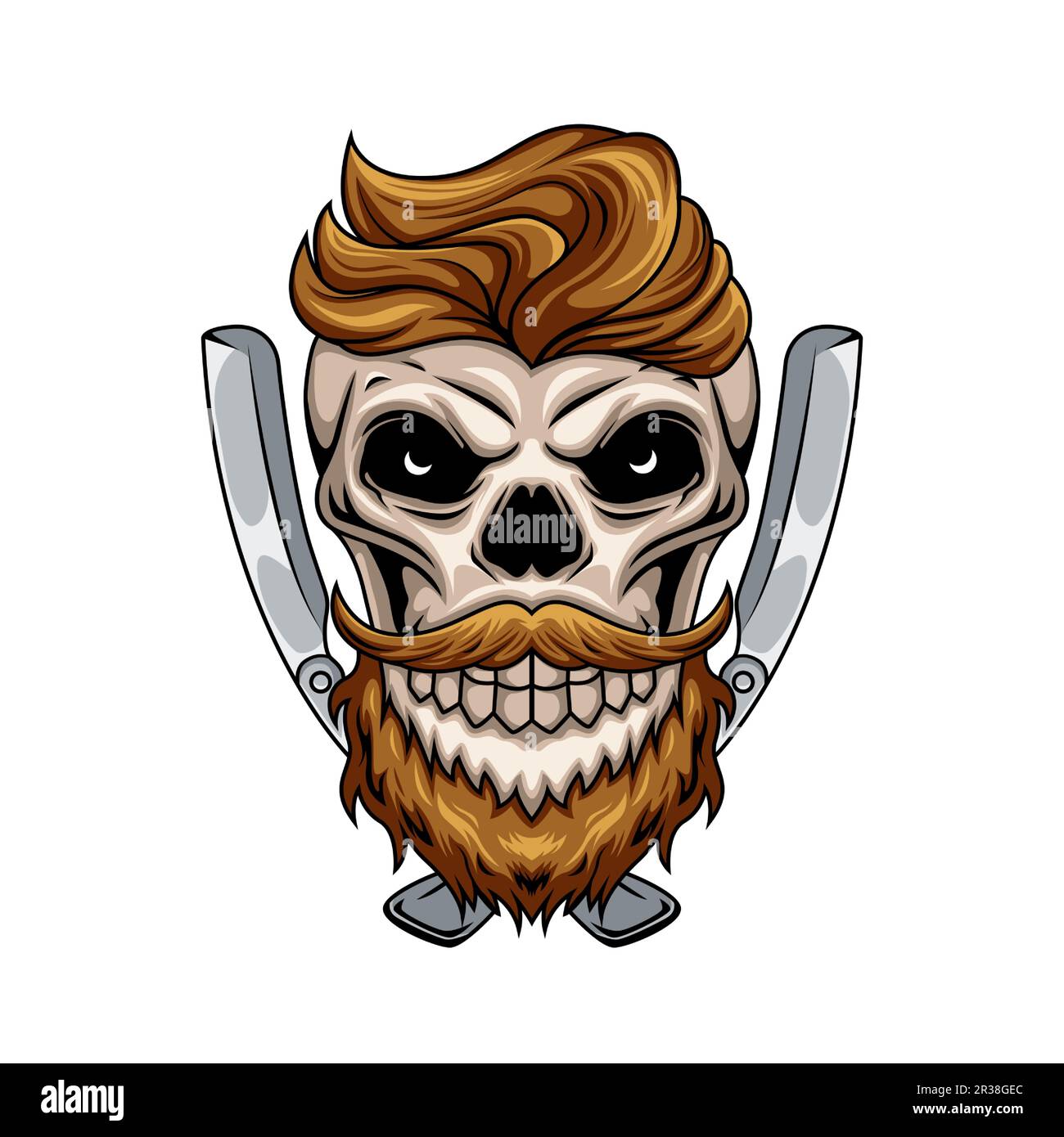 Illustration du personnage de la mascotte du crâne humain de barber avec un rasoir Illustration de Vecteur