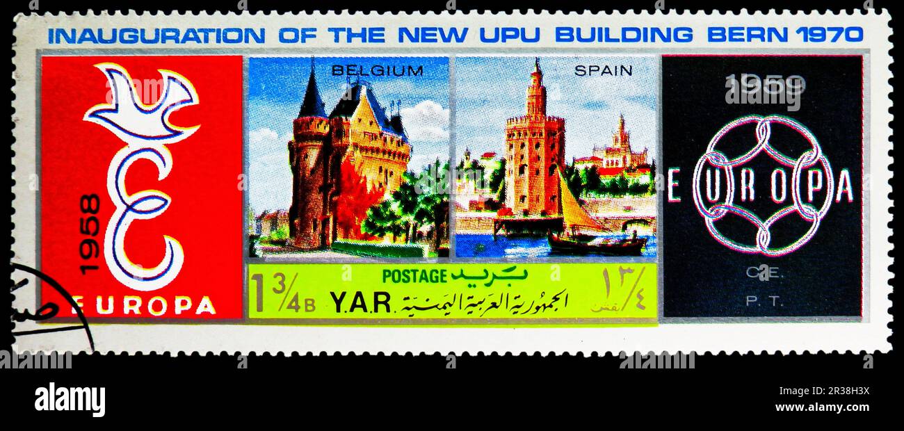 MOSCOU, RUSSIE - 18 MAI 2023 : timbre-poste imprimé dans les expositions 1958-00-00, U.P.U. Berne, nouvelle série du bâtiment du siège, vers 1970 Banque D'Images