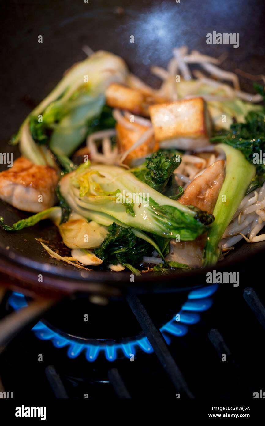 Bok choy avec tofu et pousses de haricots dans un wok Banque D'Images