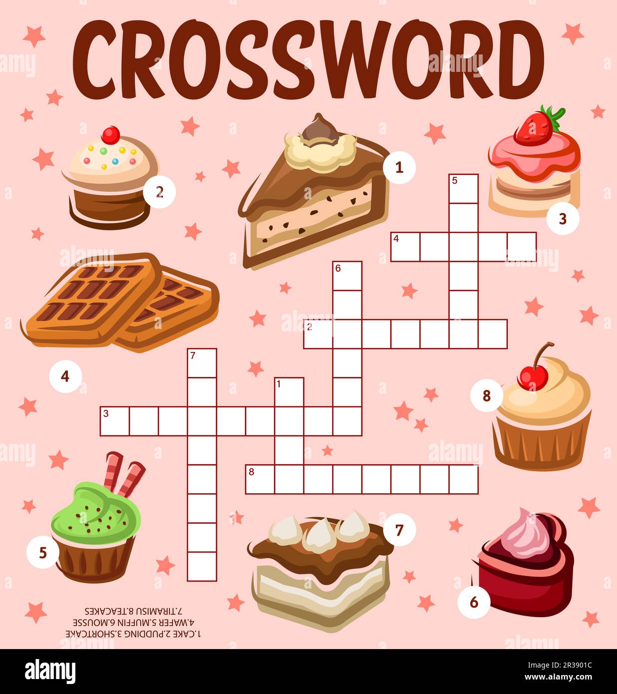 Gâteaux, cupcakes et desserts. Feuille de calcul du puzzle à mots