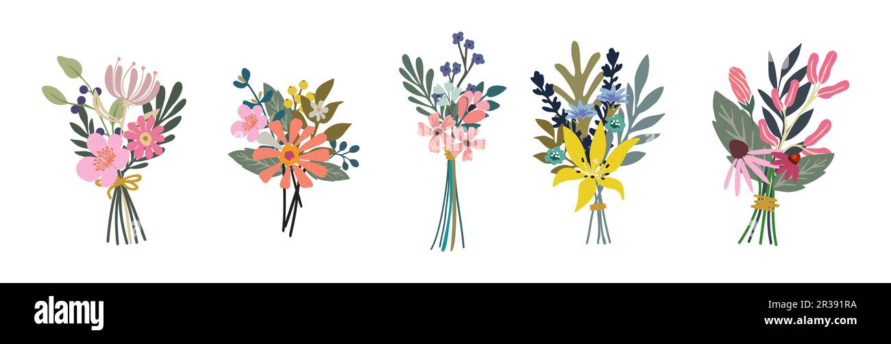 Magnifique bouquets de fleurs colorées ensemble vectoriel. Illustration de Vecteur