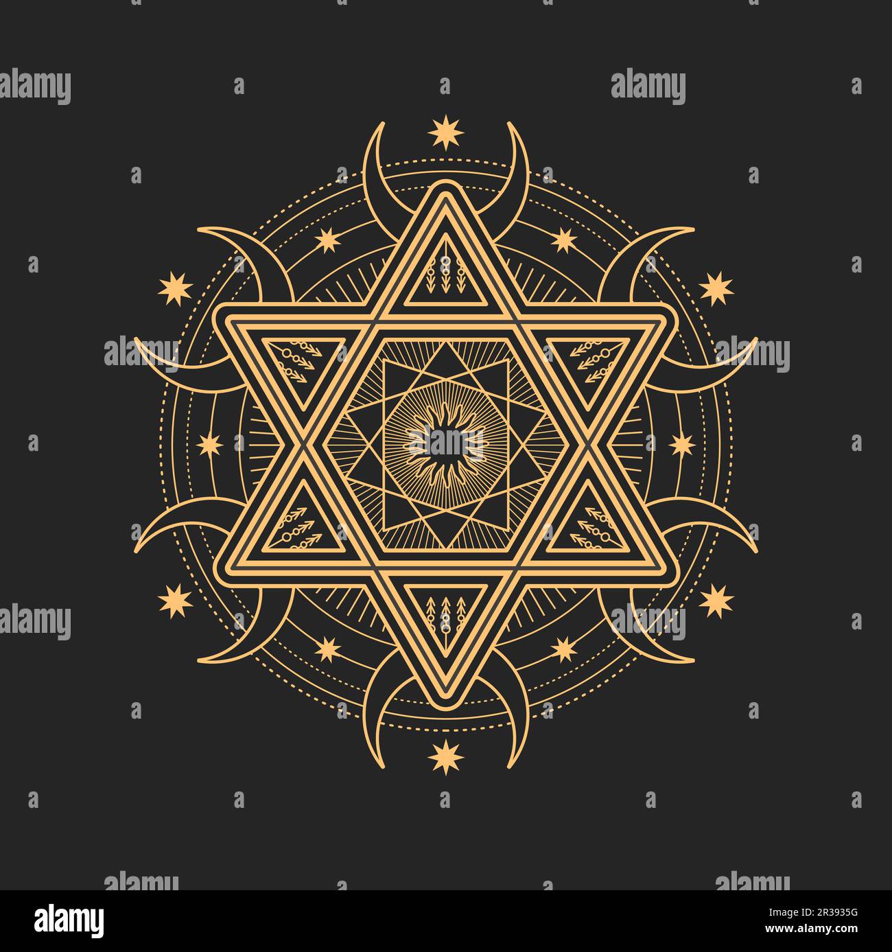 Étoile de David avec croissant de lune sur les points et le soleil au centre de l'étoile d'octagram symbole ésotérique occulte, carte de tarot magique vecteur symbolique. Amulette religieuse, talisman, tatouage design Illustration de Vecteur