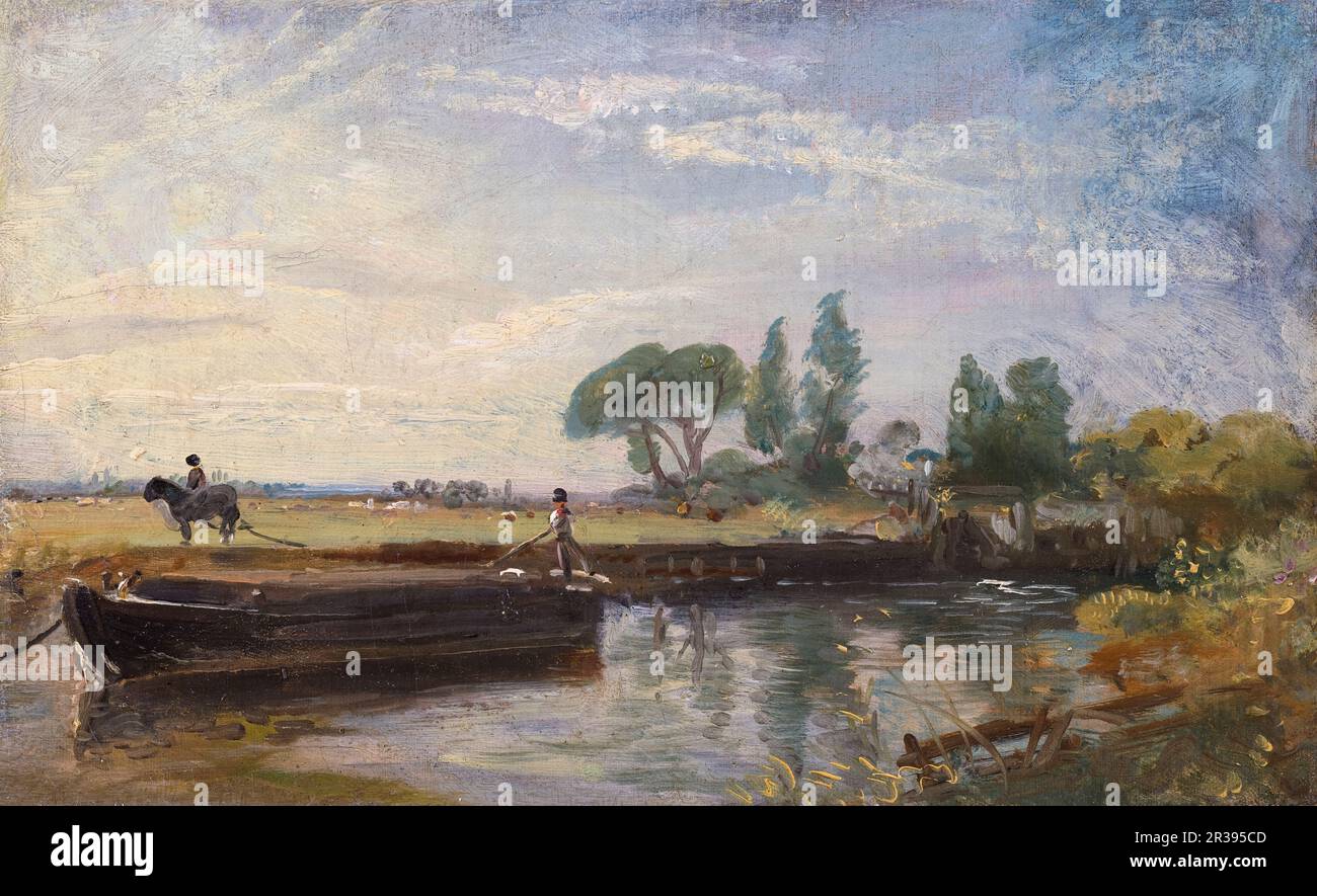 John Constable, Barge au-dessous de Flatford Lock, peinture de paysage vers 1810 Banque D'Images