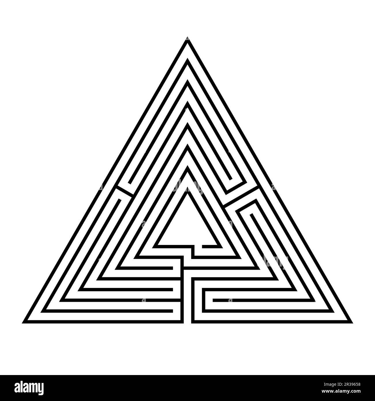 Labyrinthe triangulaire, un labyrinthe avec un seul chemin (unifursal) de l'entrée au centre ou but, en sept cours. Banque D'Images