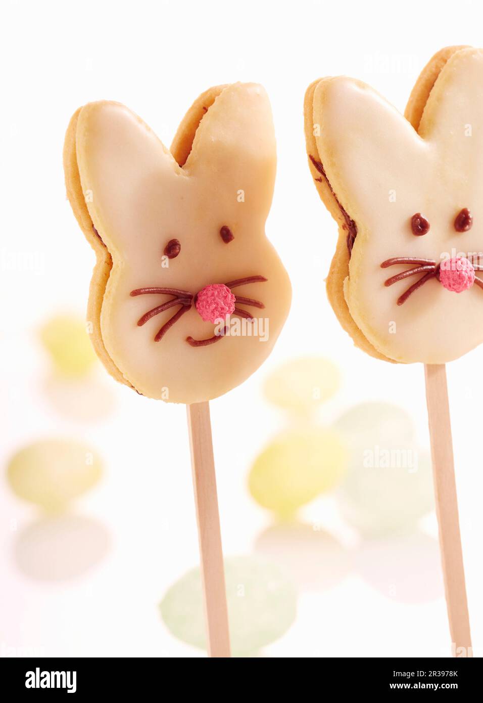 Petits gâteaux de Pâques, sucettes décorées de crème au chocolat et de glaçage Banque D'Images