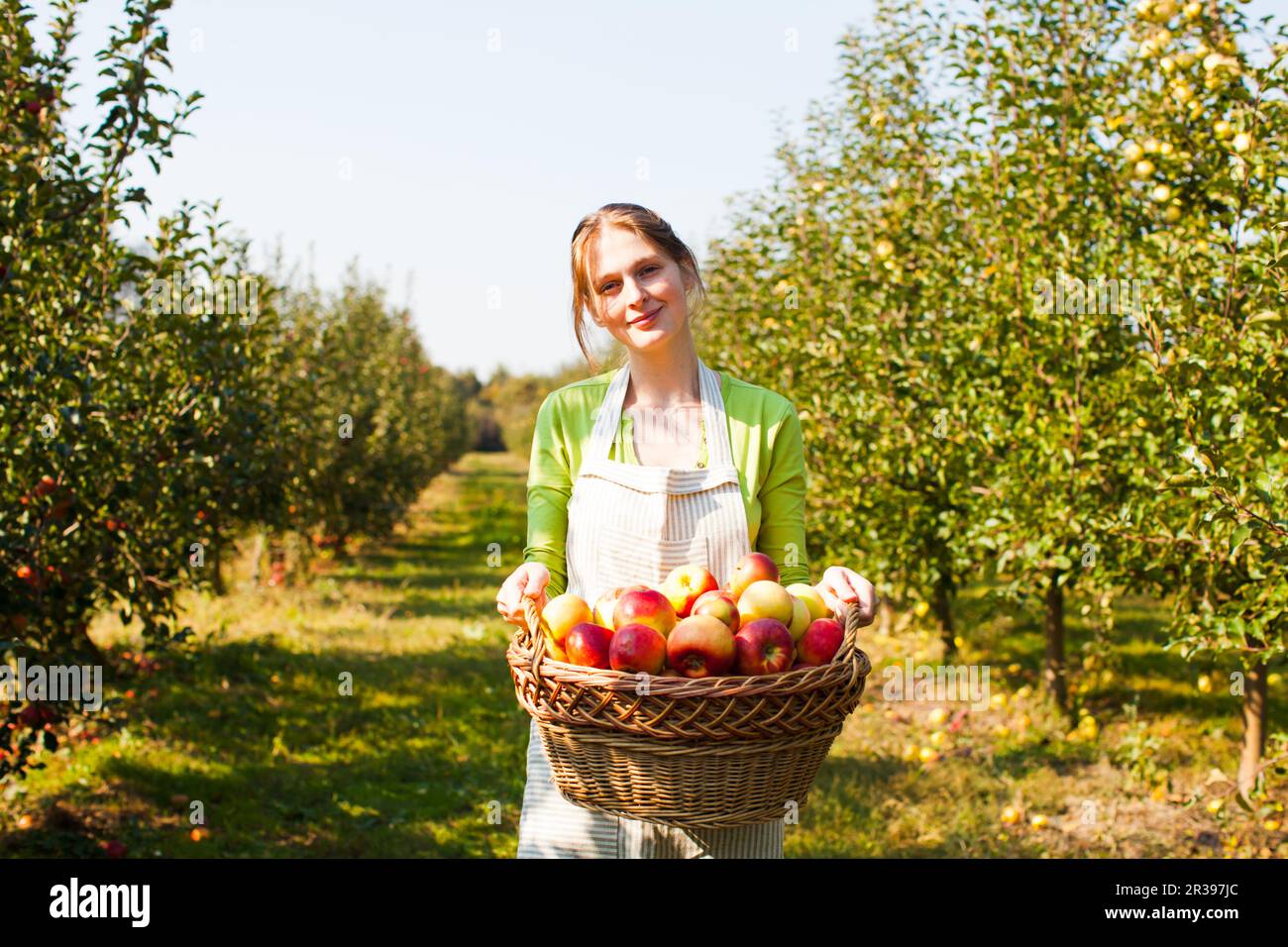 Une agricultrice tient la récolte et regarde la caméra Banque D'Images