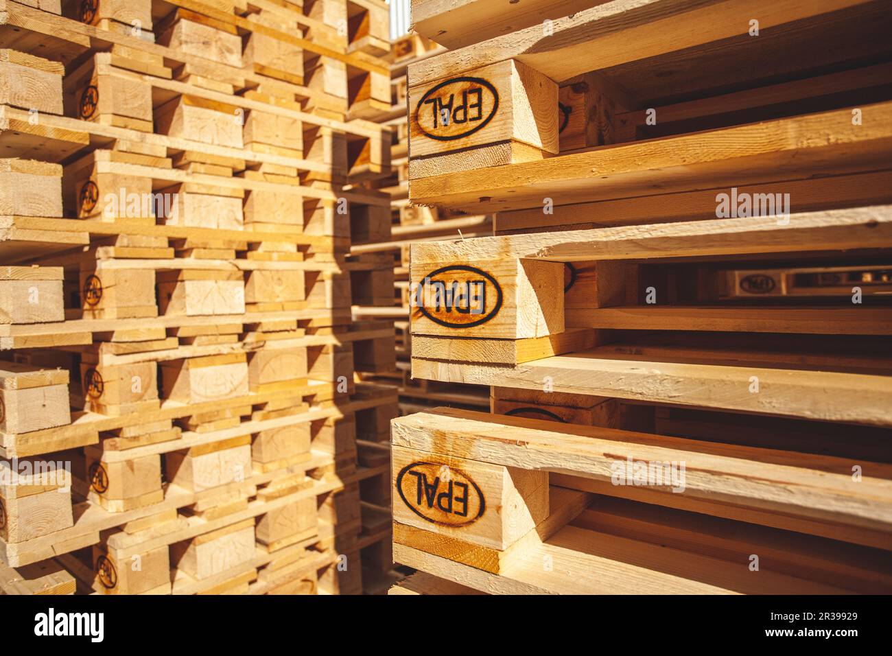 Kiev, Ukraine - 20 septembre 2019 : Des piles de palettes EPAL Banque D'Images