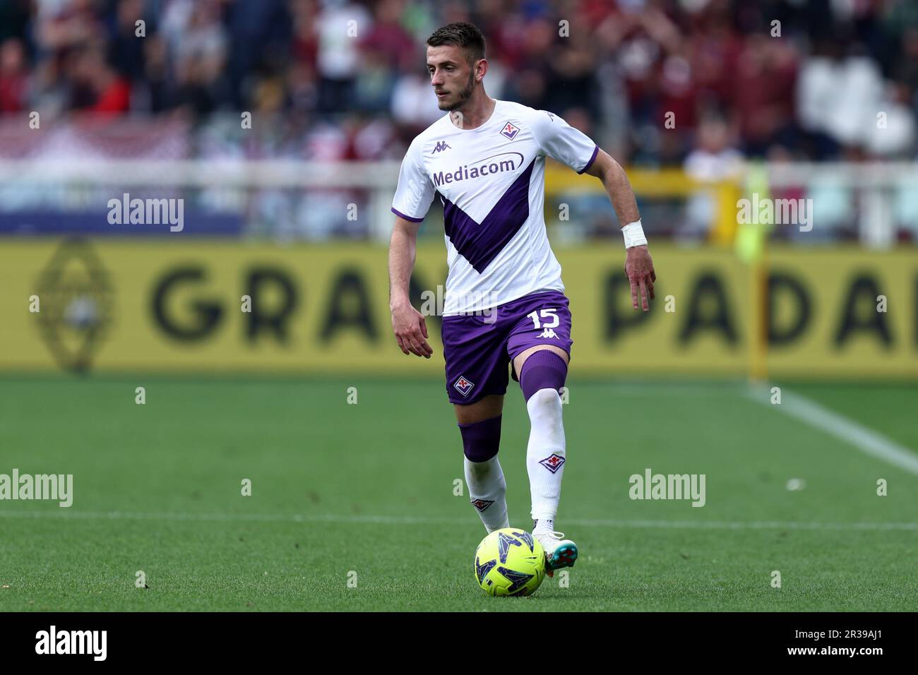 Aleksa Terzic de l'ACF Fiorentina contrôle la balle pendant la série A match entre Torino FC et ACF Fiorentina au Stadio Olimpico sur 21 mai 2023 à Turin, Italie . Banque D'Images