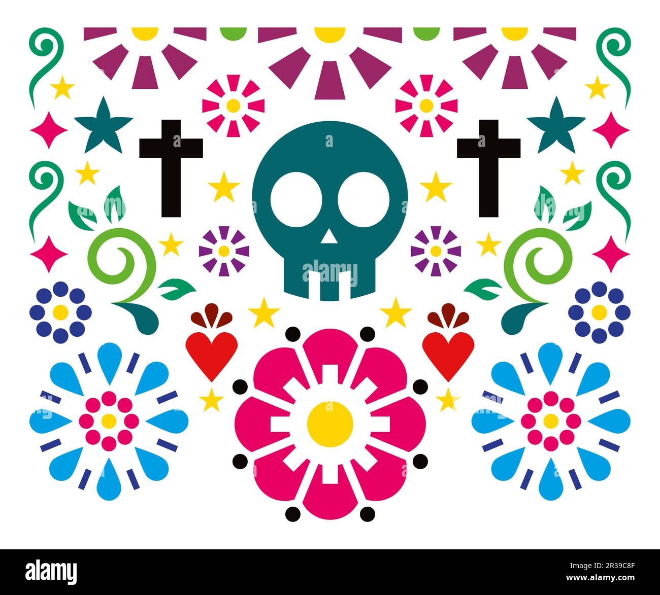 Art folklorique mexicain vecteur art folklorique dessin avec crâne, croix et fleurs, Halloween et le jour des morts motif coloré - carte de voeux Illustration de Vecteur