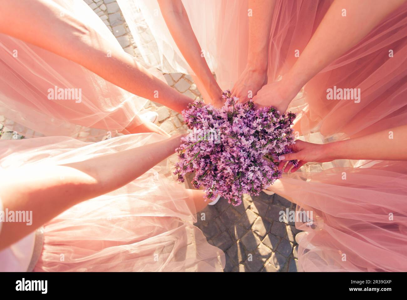 Petites amies et mariée tenant des fleurs lilas bouqet Banque D'Images