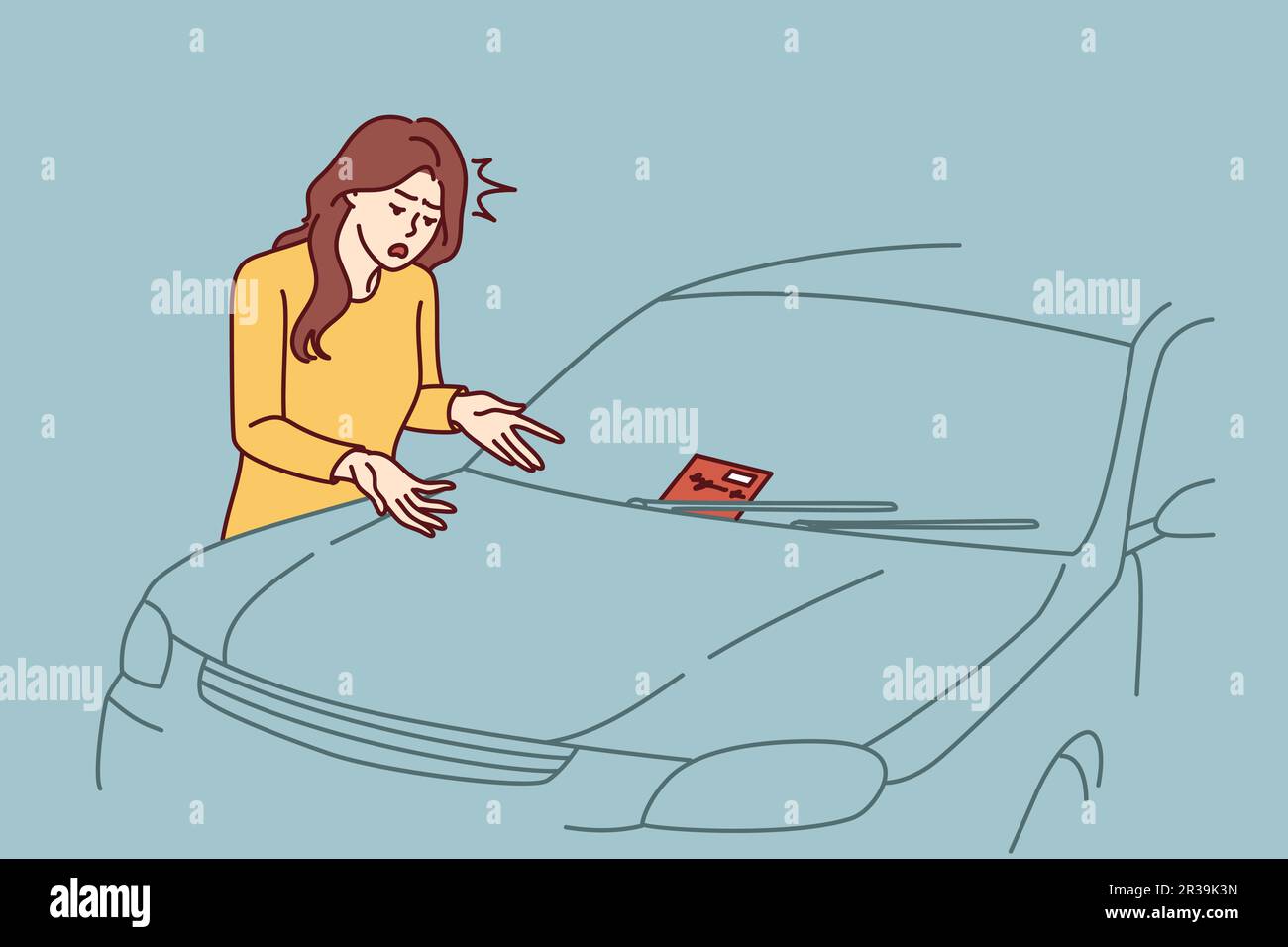 Une femme a reçu un billet de stationnement et est indignée ou en colère contre une amende soudaine. Nerveuse fille décontractée se tient près de la voiture avec amende émise près du pare-brise et se balance à l'injustice de la décision de l'inspecteur Illustration de Vecteur