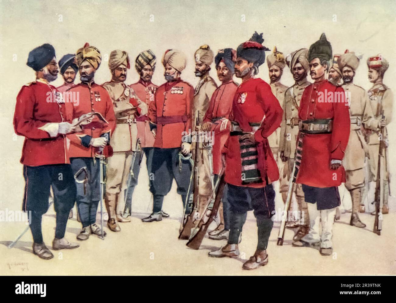 Régiments du Punjab 24th Punjbis, 67th Punjabis (retour), 29th Punjabis, 21st Punjabis, 25th Punjabis (retour), 28th Punjabis (avant), 93rd Birmanie Infantry, 74th Punjabis (milieu), 87th Punjabis, 76th Punjabis (arrière), 69th Punjabis, 84th Punjabis (avant), 72nd Punjabis, 91st Punjabis peint par le Major Alfred Crowdy Lovett, (1862-1919) extrait du livre « The Armies of India » du Major George Fletcher MacMunn, (1869-1952) Date de publication 1911 Éditeur London, Adam et Charles Black Banque D'Images