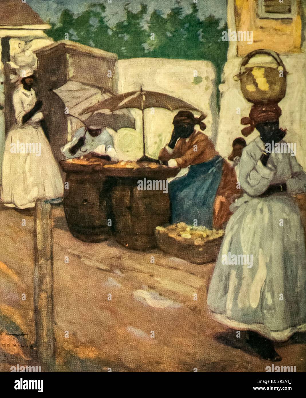 Stands à l'extérieur du marché, Mandeville peint par Archibald Stevenson (A. S.) Forrest, du livre illustré « Jamaïque » de John Henderson, publié à Londres par Adam. Et Charles Black en 1906 Banque D'Images