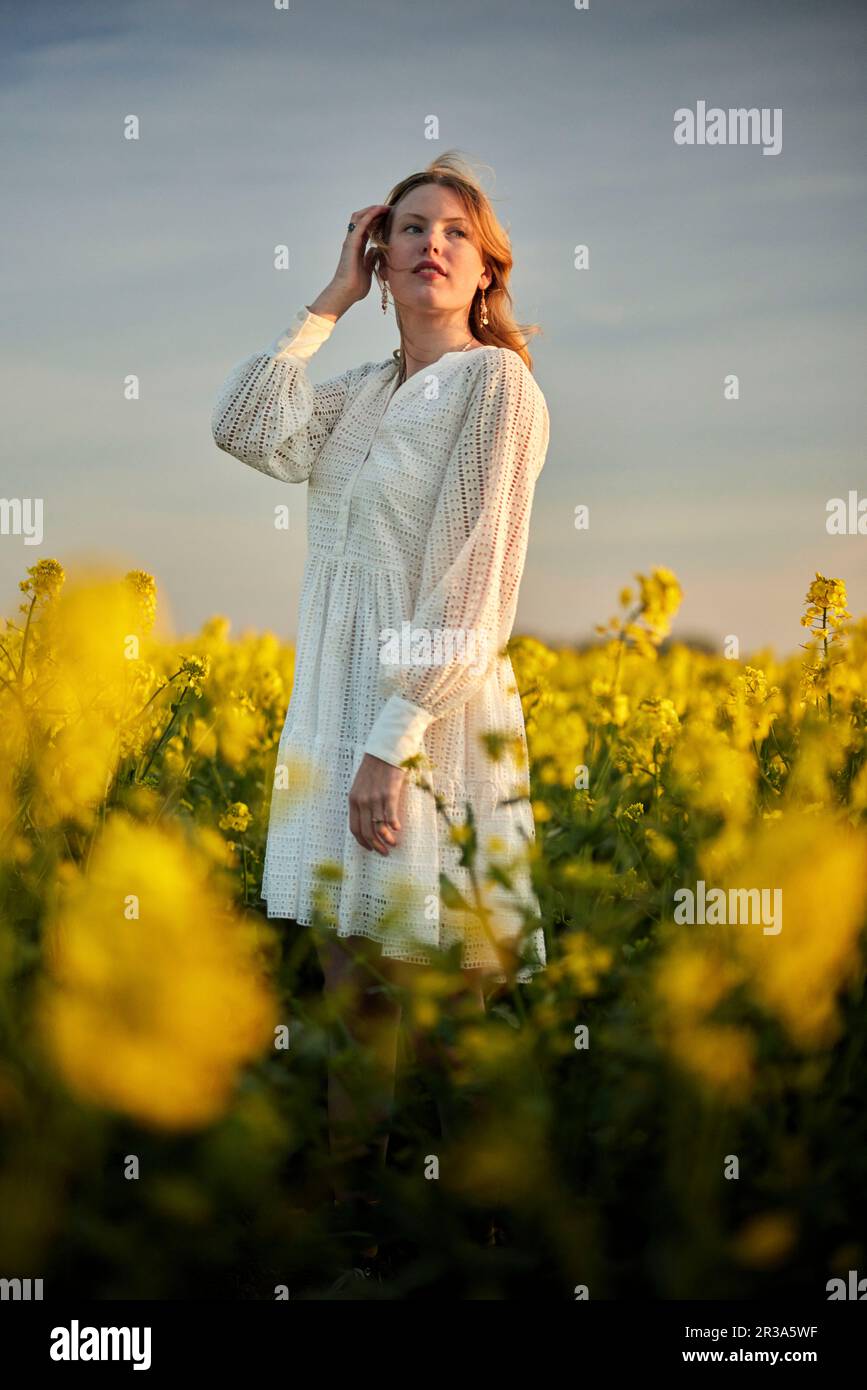 redhead fille en robe blanche dans le champ de viols Banque D'Images