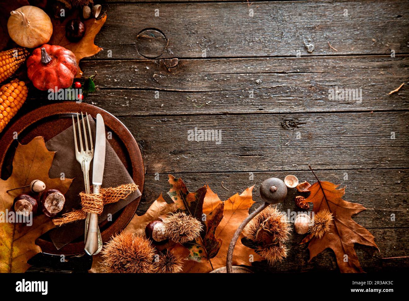 Dîner de Thanksgiving, fruits d'automne avec assiette et couverts Banque D'Images