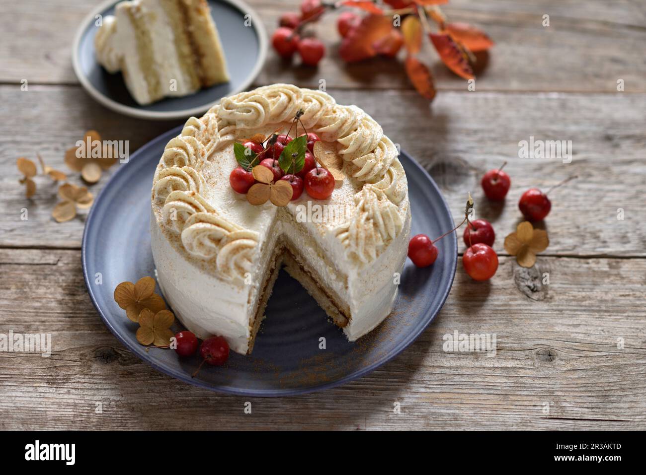 Gâteau à la crème aux pommes et aux amandes vegan, au caramel de datte et aux mini-pommes, tranché Banque D'Images