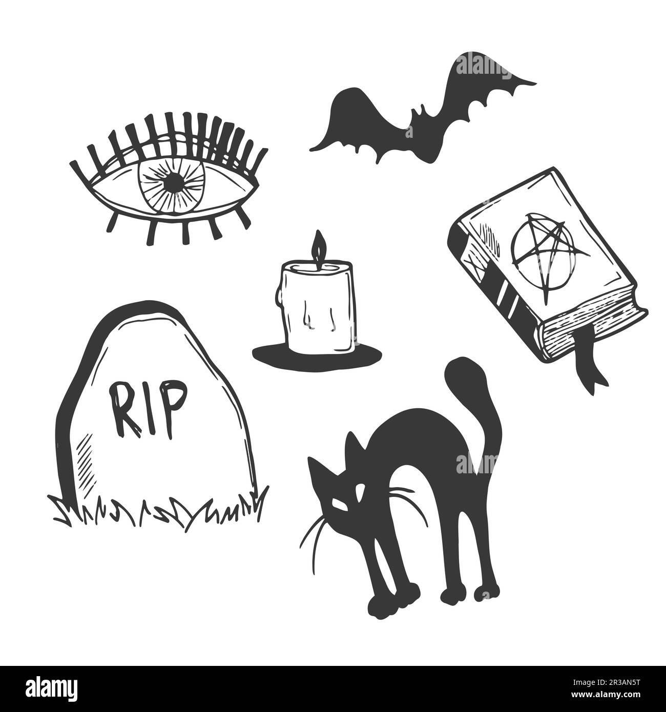 Halloween personnages et attributs ensemble de doodle. Illustration de Vecteur