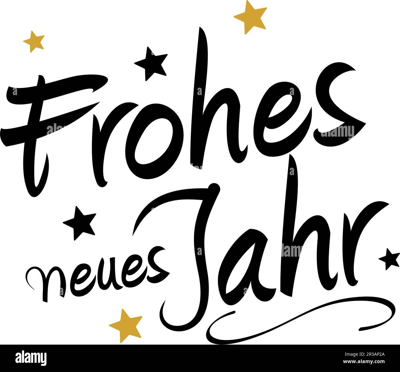Bonne année en allemand. Lettres calligraphiques noires et dorées à la main. Dos isolé. Frohes Neues Jahr est heureux nouvel an en anglais. Illustration de Vecteur