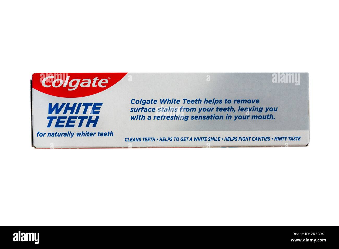 Boîte de dentifrice Colgate White Teeth pour des dents naturellement plus blanches isolées sur fond blanc - tube recyclable Banque D'Images