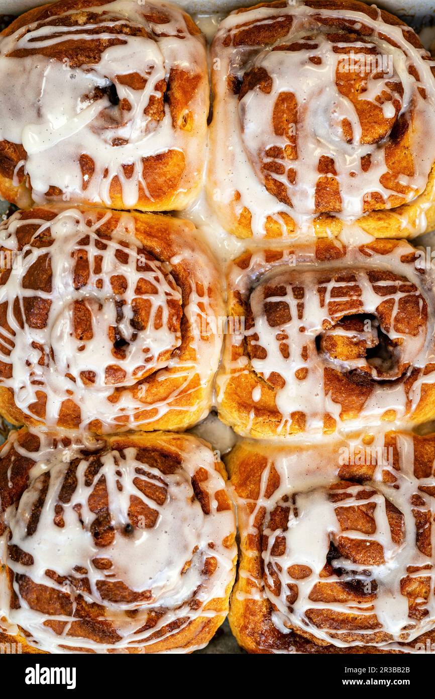 Pains à la cannelle moulus glacés avec glaçage sur un plateau Banque D'Images