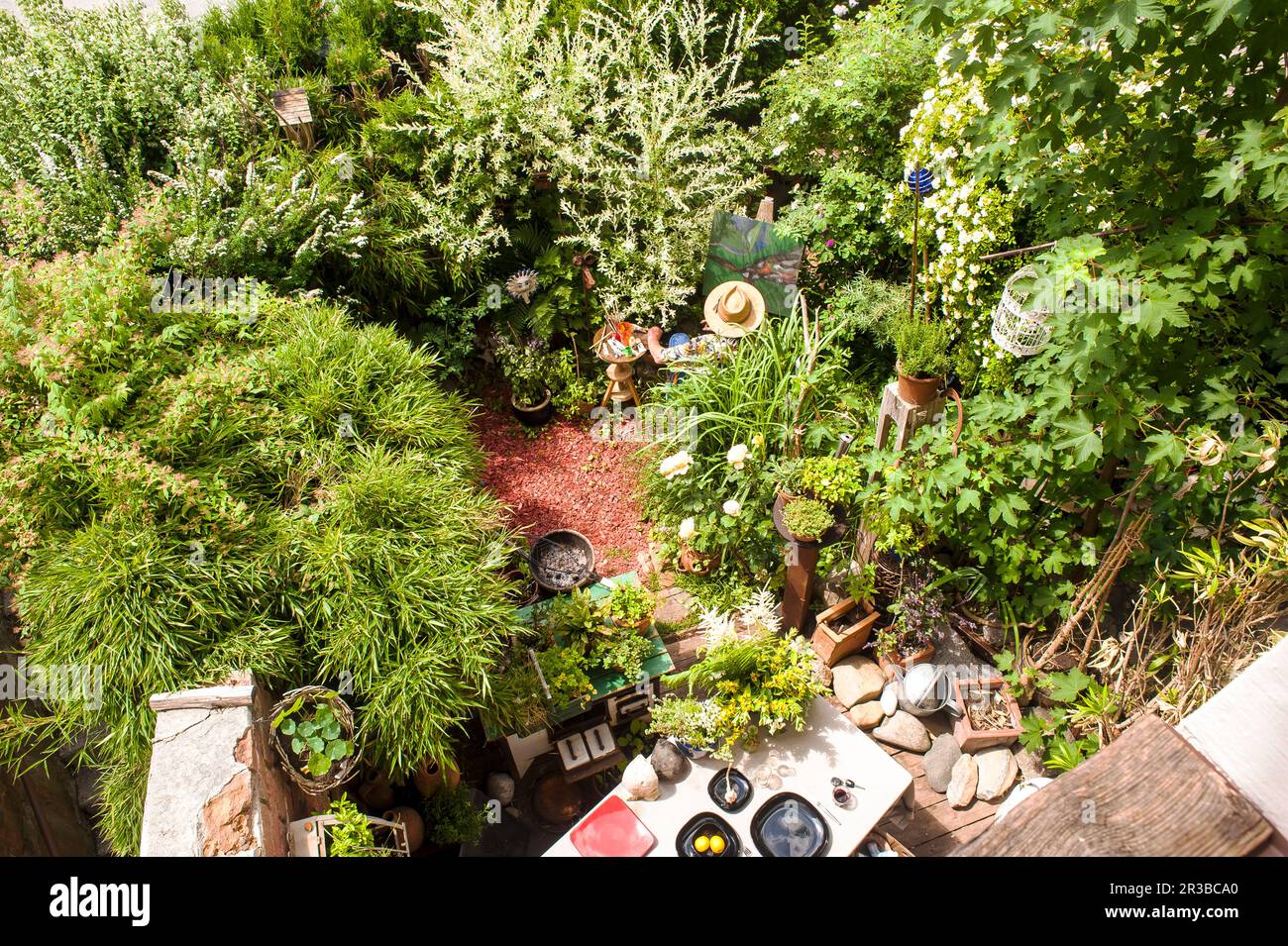 Homme peint dans un jardin luxuriant par beau temps Banque D'Images