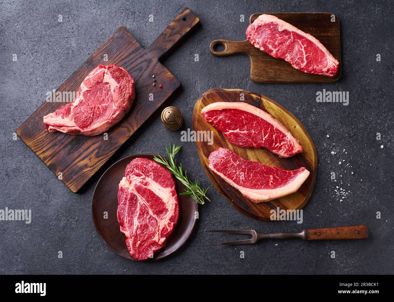 Vue de dessus variété de steaks de bœuf frais Black Angus Prime Banque D'Images