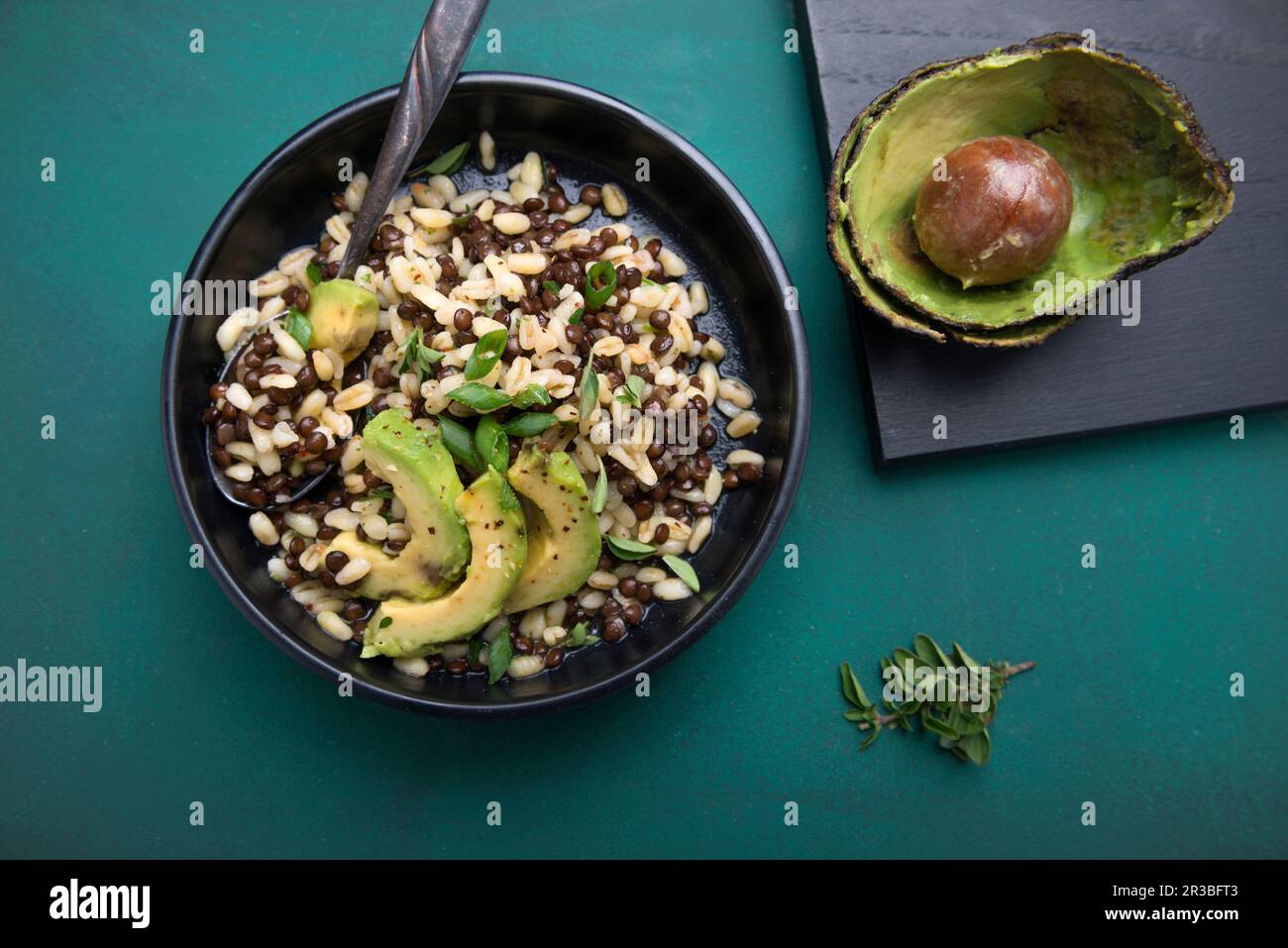 Salade de lentilles de béluga végétalienne et de blé avec avocat et oignons de printemps Banque D'Images