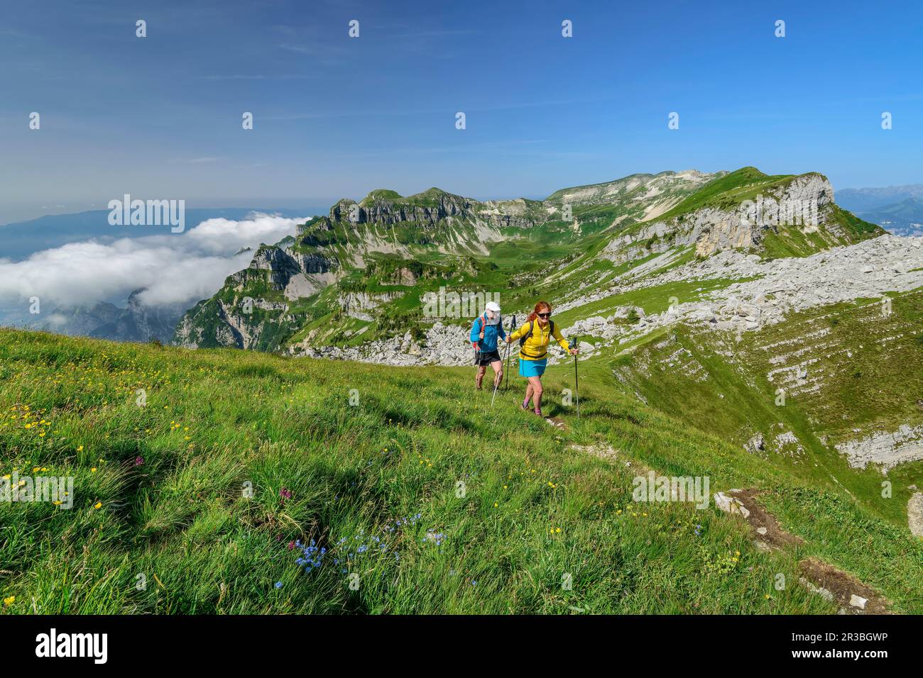 Italie, province de Belluno, paire de randonneurs suivant Alta via le sentier Dolomiti Bellunesi Banque D'Images