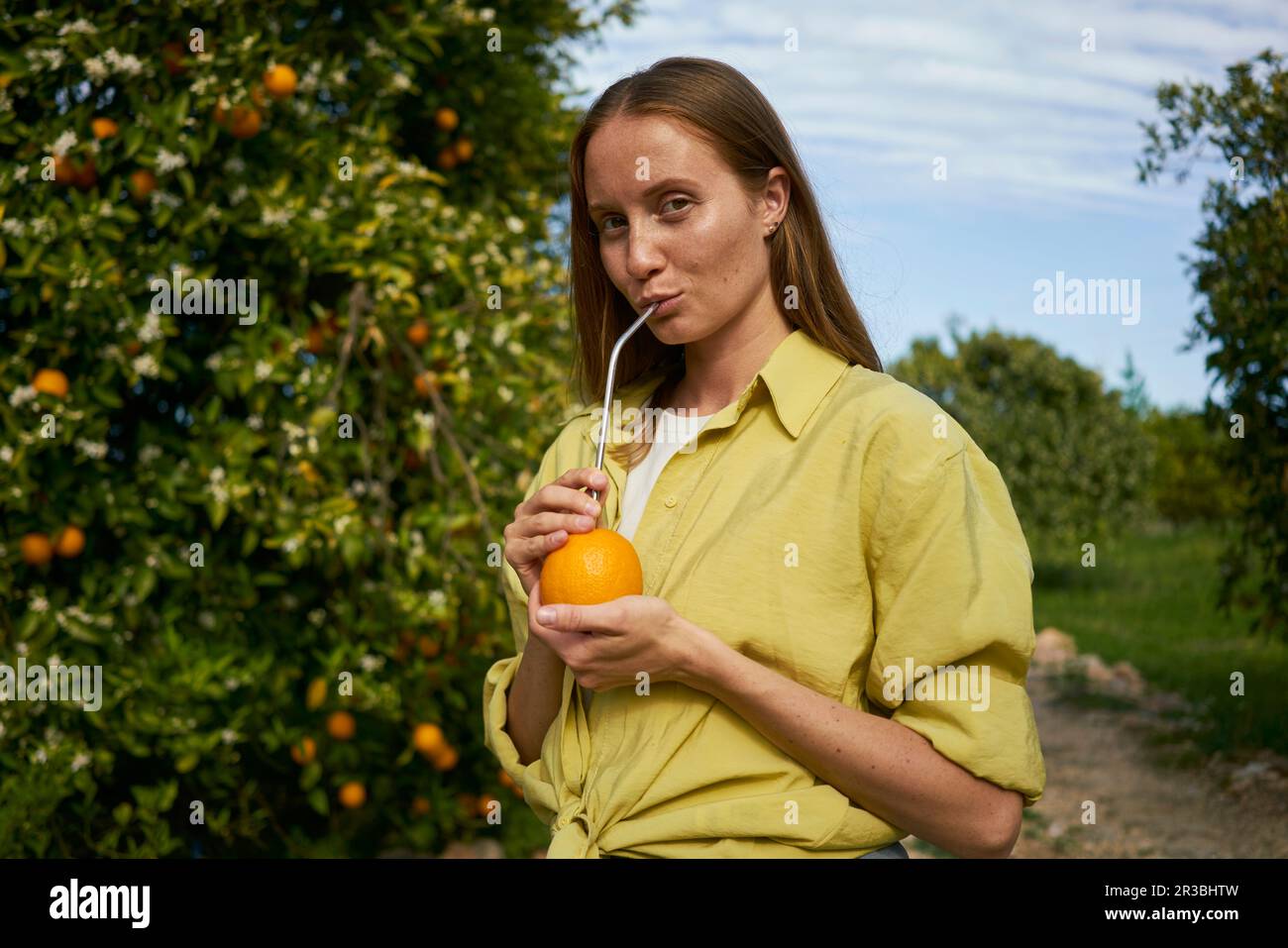 Femme buvant du jus d'orange par la paille métallique réutilisable dans le verger Banque D'Images
