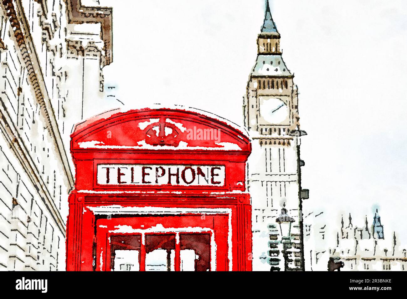 Illustration aquarelle du stand de téléphone Red et de Big Ben à Londres, Angleterre, Royaume-Uni. Banque D'Images