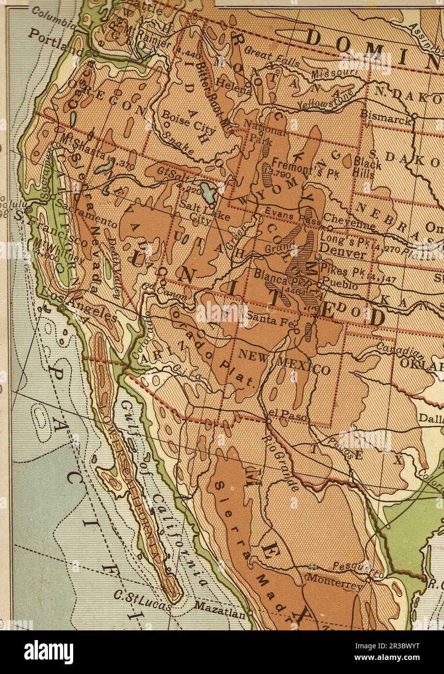 Carte géographique ancienne de la côte ouest des Etats-Unis en sépia. Banque D'Images