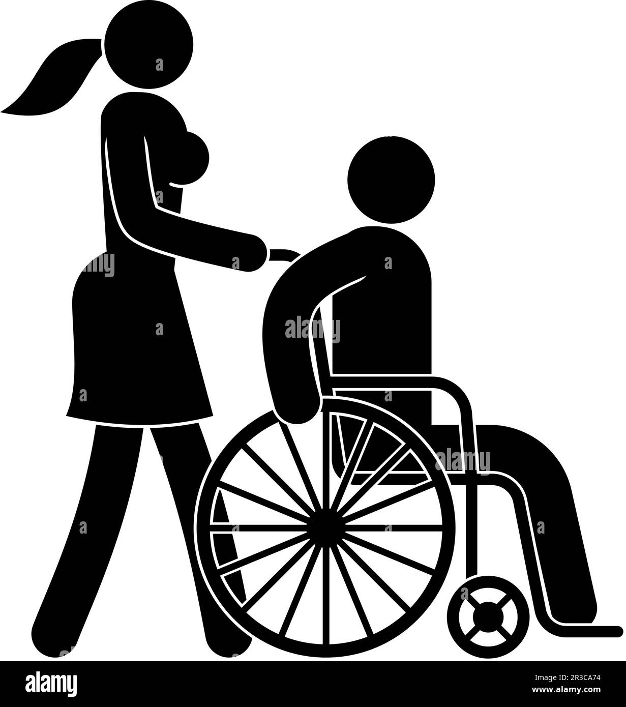 Femme poussant un fauteuil roulant avec une personne ayant une déficience physique Illustration de Vecteur